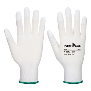 A pair of white work gloves with a textured grip palm and adjustable wrist closure, designed for general site use.