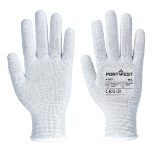 A pair of grey work gloves with a textured grip palm and adjustable wrist closure, designed for general site use.