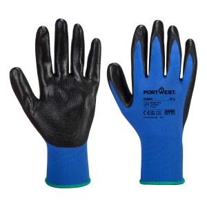 A pair of blue disposable nitrile gloves with a textured fingertip for grip, offering protection against chemicals and contaminants.