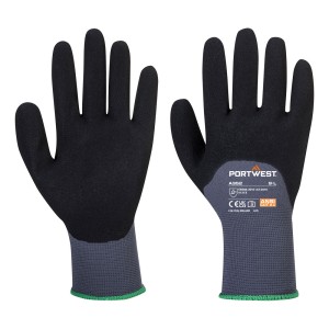 A pair of grey disposable nitrile gloves with a textured fingertip for grip, offering protection against chemicals and contaminants.