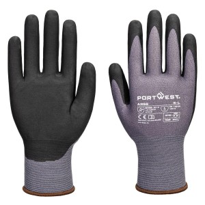 A pair of grey disposable nitrile gloves with a textured fingertip for grip, offering protection against chemicals and contaminants.