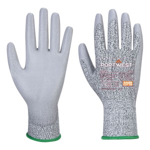 A pair of grey work gloves with a textured grip palm and adjustable wrist closure, designed for general site use.