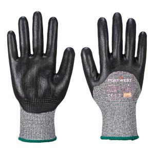 A pair of black work gloves with cut-level D13 protection, a textured grip palm, and an elasticated cuff for a secure fit.