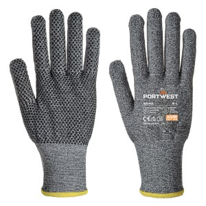 A pair of grey work gloves with cut-level D13 protection, a textured grip palm, and an elasticated cuff for a secure fit.