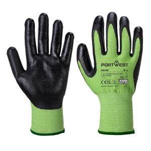 A pair of green work gloves with cut-level D13 protection, a textured grip palm, and an elasticated cuff for a secure fit.