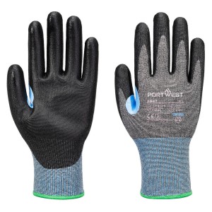 A pair of grey work gloves with cut-level D15 protection, a textured grip palm, and an elasticated cuff for a secure fit.