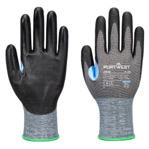 A pair of grey work gloves with cut-level D21 protection, a textured grip palm, and an elasticated cuff for a secure fit.