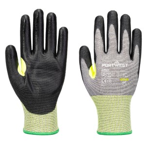 A pair of grey work gloves with cut-level E15 protection, a textured grip palm, and an elasticated cuff for a secure fit.