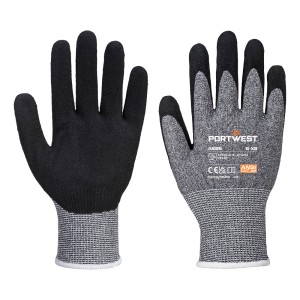 A pair of grey work gloves with cut-level E13 protection, a textured grip palm, and an elasticated cuff for a secure fit.