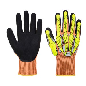 A pair of orange disposable nitrile gloves with a textured fingertip for grip, offering protection against chemicals and contaminants.