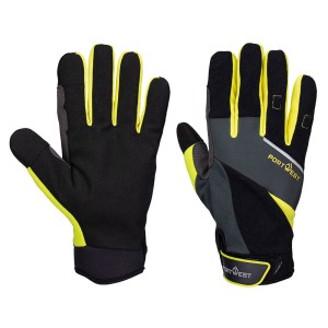A pair of black work gloves with a textured grip palm and adjustable wrist closure, designed for general site use.