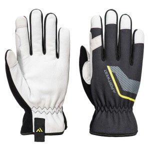 A pair of black leather work gloves with a reinforced palm and adjustable wrist strap, offering durable hand protection.