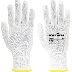 A pair of white work gloves with a textured grip palm and adjustable wrist closure, designed for general site use.