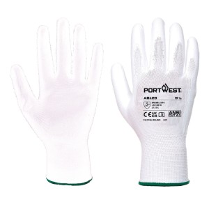 A pair of white work gloves with a textured grip palm and adjustable wrist closure, designed for general site use.
