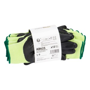 A pair of yellow work gloves with cut-level D13 protection, a textured grip palm, and an elasticated cuff for a secure fit.