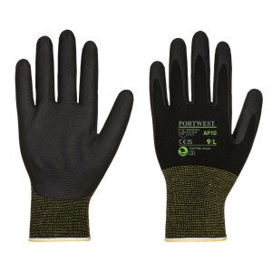 A pair of black disposable nitrile gloves with a textured fingertip for grip, offering protection against chemicals and contaminants.