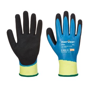 A pair of blue work gloves with cut-level D13 protection, a textured grip palm, and an elasticated cuff for a secure fit.