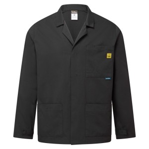 A black jacket featuring anti-static properties, suitable for a wide range of outdoor and site work applications.