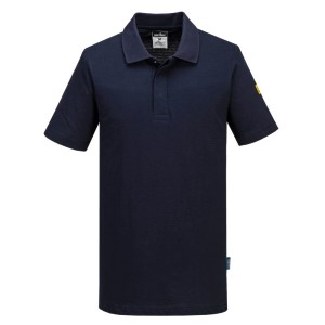 A navy blue polo shirt featuring anti-static properties, suitable for a wide range of outdoor and site work applications.