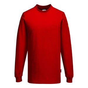 A red work shirt featuring anti-static properties, suitable for a wide range of outdoor and site work applications.