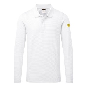A white polo shirt featuring anti-static properties, suitable for a wide range of outdoor and site work applications.