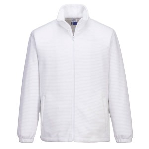 A white workwear garment featuring anti-static properties, suitable for a wide range of outdoor and site work applications.