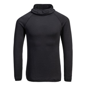 A black workwear garment designed for use on construction sites and in industrial work environments.,