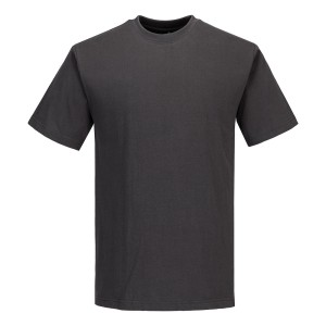A grey work shirt designed for use on construction sites and in industrial work environments.,