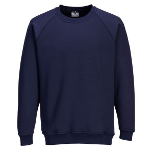 A navy blue work shirt designed for use on construction sites and in industrial work environments.,