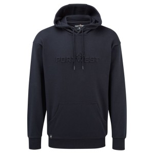 A navy blue sweatshirt designed for use on construction sites and in industrial work environments.,