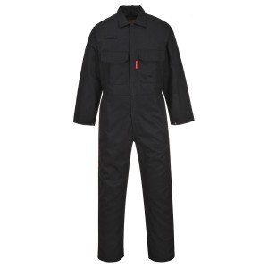 A black coverall featuring flame-resistant fabric, suitable for a wide range of outdoor and site work applications.