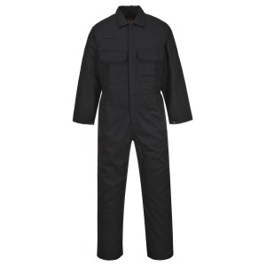 A black coverall featuring flame-resistant fabric, suitable for a wide range of outdoor and site work applications.