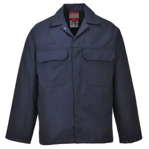 A navy blue jacket featuring flame-resistant fabric, suitable for a wide range of outdoor and site work applications.