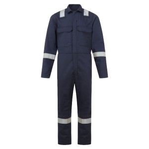A navy blue coverall featuring flame-resistant fabric, suitable for a wide range of outdoor and site work applications.