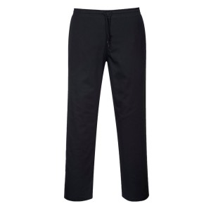 A pair of black work trousers designed for use on construction sites and in industrial work environments.,