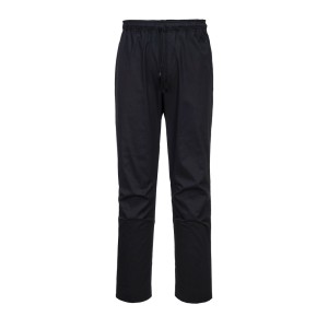 A pair of black work trousers designed for use on construction sites and in industrial work environments.,