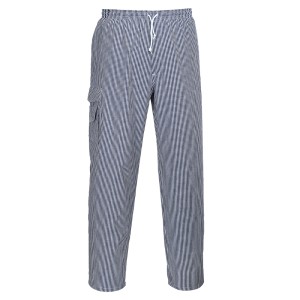 A pair of blue work trousers designed for use on construction sites and in industrial work environments.,