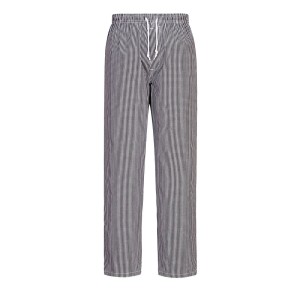 A pair of black work trousers designed for use on construction sites and in industrial work environments.,