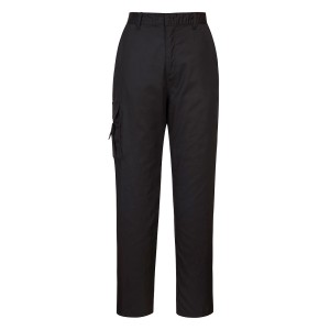 A pair of women's black work trousers designed for use on construction sites and in industrial work environments.,