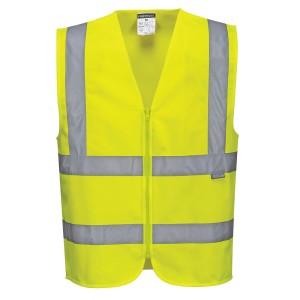A high-visibility yellow vest featuring retroreflective tape panels, suitable for a wide range of outdoor and site work applications.