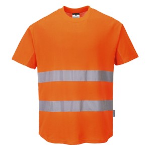 A high-visibility orange work shirt featuring retroreflective tape panels, suitable for a wide range of outdoor and site work applications.