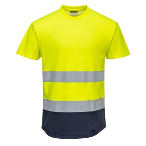 A high-visibility yellow work shirt featuring retroreflective tape panels, suitable for a wide range of outdoor and site work applications.