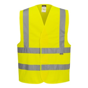 A high-visibility yellow vest featuring retroreflective tape panels, suitable for a wide range of outdoor and site work applications.