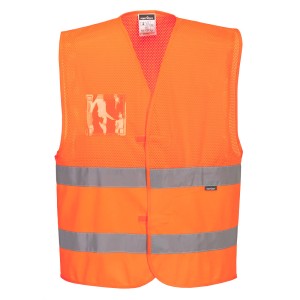 A high-visibility orange vest featuring retroreflective tape panels, suitable for a wide range of outdoor and site work applications.