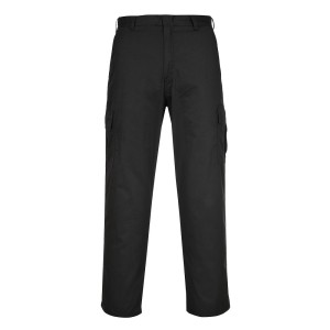 A pair of black work trousers designed for use on construction sites and in industrial work environments.,