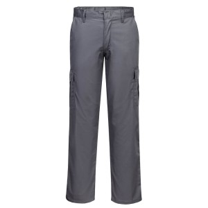 A pair of grey work trousers designed for use on construction sites and in industrial work environments.,
