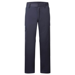 A pair of navy blue work trousers designed for use on construction sites and in industrial work environments.,