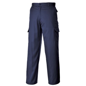 A pair of navy blue work trousers designed for use on construction sites and in industrial work environments.,
