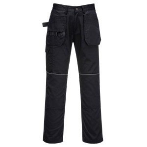 A pair of black work trousers designed for use on construction sites and in industrial work environments.,