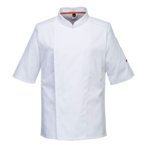 A white jacket designed for use on construction sites and in industrial work environments.,